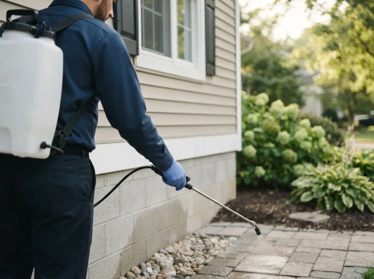Pest control technician inspecting a home in Mark, IL